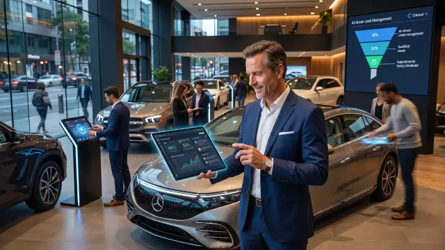 Gerente revisando en una tablet el embudo de leads calificados con IA